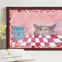 Katzenliebe NASCHKATZE Aquarellbild handgemalt Geschenkidee Wandbild auf Holz Leinwand Kunstdruck Landhausstil kaufen Bild 4