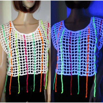 Kurzes Netz-Top mit Schwarzlicht-Leucht-Bändern, Crop Top, Häkeltop, Top, Shirt