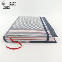 Notizbuch, Stiftschlaufe, blau grau rot, DIN A5, 150 Blatt, Grubentuch Unikat Bild 4
