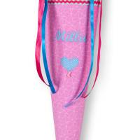 Schultüte Mädchen, Stoffschultüte mit Herz in Rosa, Mint und Flieder mit langen Schleifenbändern Bild 1
