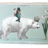 Nostalgie Postkarte Eisbär mit Krone Fisch Grußkarte Glitterpostkarte Glückwunschkarte Bild 1
