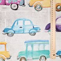 Stoff Baumwolle "Autos"  bunt ecru  Digitaldruck Leinenoptik Bild 3
