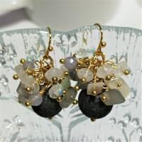 Ohrringe Lava schwarz Mondstein grau cluster facettiert goldfarben handgemacht handmade Bild 3