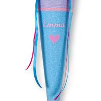 Schultüte Mädchen, Stoffschultüte mit Herz in Flieder und Blau mit langen Schleifenbändern Bild 1