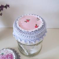 Deckelhaube Deckelbezug Glashaube Abdeckhaube in himmelblau rosa und weiß mit kleinen Rosen, Deckchen Handarbeit Bild 5