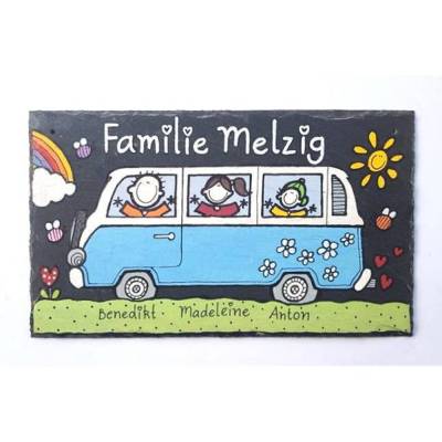 Fantastisches Haustürschild für Familien mit Name personalisiert, Schieferschild mit Bulli für den Hauseingang