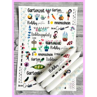 Kerzentattoo GARTEN, bunt, A4, Wasserschiebefolie, Kerzenfolie, Kerzensticker, Frühling, Blumen, Kerzen beschriften