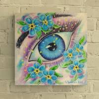 Forget-me-not-eye, gemaltes Auge mit Vergißmeinicht-Blüten 40cmx40cm Bild 1