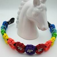 Stirnband / Stirnriemen für Pferde in breiter Blümchenoptik Regenbogen V2 mit silbernen Perlem Bild 4