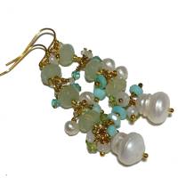 Ohrringe Jade hellgrün mit Traube aus Edelstein Perlen Mix pastell cluster goldfarben Bild 2