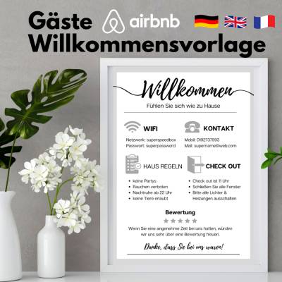 Gäste Willkommensvorlage für Airbnb und Booking, für Ferienwohnung mit Internet, Hausregeln, Check-in Anweisung