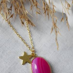 Goldkette mit rosa Achat Edelstein Anhänger, Stern Kette Gold mit Stein für Damen, oval, Geburtsstein Halskette, Achat S Bild 3