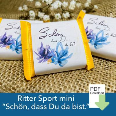 8 Banderolen, Schön, dass Du da bist für Ritter Sport Mini, Banderole Schokolade, Hochzeit Gastgeschenk, Kommunion