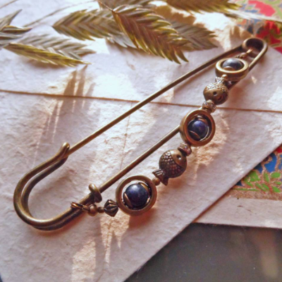 Schalnadel Lapislazuli Fische - sehr große maritime Bronze Schmucknadel mit Edelsteinen N10-AB-8