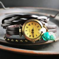 Armbanduhr, Wickeluhr, Lederuhr, grün-weiss Bild 2