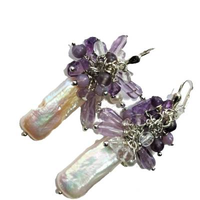 Perlenohrringe Keshi mit Traube aus Amethyst lila Mix handmade Brautschmuck pastell cluster