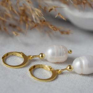 Süßwasserperlen Ohrringe, Perlen Ohrringe Creolen Gold, Hoop Ohrringe, Perlen Hängeohrringe, Perlen Kreolen, Süßwasserpe Bild 3