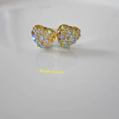 Herz Ohrclips gelb rosa irisierend silberfarben – elegante Herzohrringe mit schimmernden Schmucksteinen