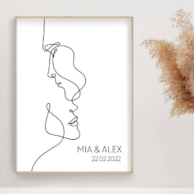 One Line Art Paar | One Line Art Gesichter | Poster mit Personalisierung | Hochzeit Namen Datum