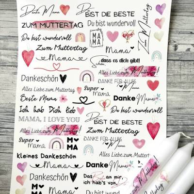 Kerzentattoo MUTTERTAG, A4, Wasserschiebefolie, Kerzenfolie, Kerzensticker, Tattoofolie, Mama, Mutti, Kerzen beschriften