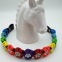 Stirnband / Stirnriemen für Pferde in schmaler Blümchenoptik Regenbogen V2 mit silbernen Perlem Bild 4