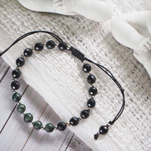 Seraphinit schwarzer Turmalin Armband, handgefertigt, Edelstahl silberne Perlen, Schutzengel Natursteine Bild 3