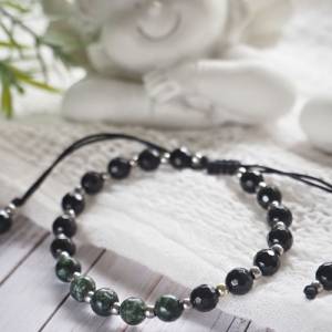 Seraphinit schwarzer Turmalin Armband, handgefertigt, Edelstahl silberne Perlen, Schutzengel Natursteine Bild 4