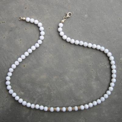 Chalcedon Halskette, 45 cm lang, mit 925 Silber Designelementen und Karabinerverschluss