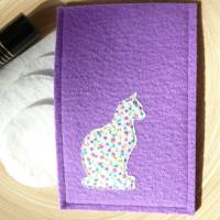 Einsteckhülle Hülle Etui Mappe aus 100% Wolle , Wollfilz, mit aufgenähter Applikation Katze Baumwolle Motiv Bild 1