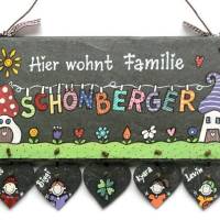 Wetterfestes Türschild aus Schiefer für Familien mit Namen personalisiert. Schieferschild, Haustürschild mit Figuren Bild 1
