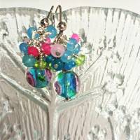 Ohrringe Lampwork rosa türkis mit Traube aus Aquamarin Peridot und Quarz grün pastell cluster an 925er Silber Bild 2