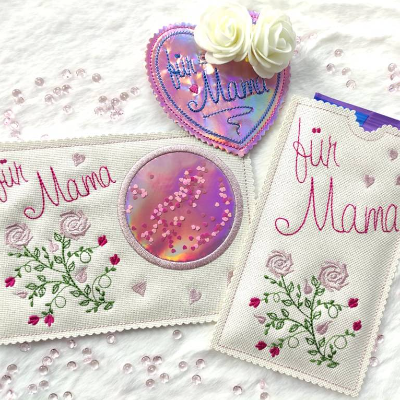 ITH Stickdatei Muttertag SET Schokohülle Wunscherfüller Mugrug Blumenstecker