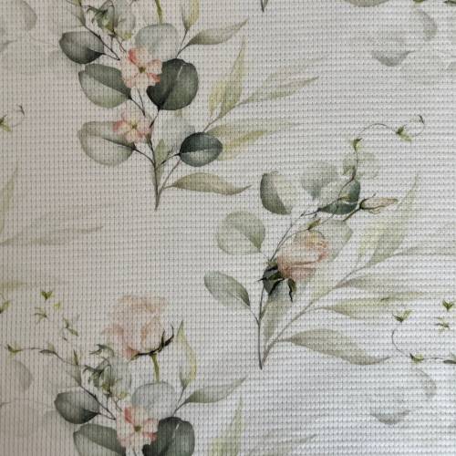 Waffeljersey Eukalyptus mit Blüten auf weiß