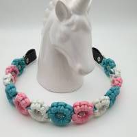 Stirnband / Stirnriemen für Pferde in breiter Blümchenoptik Hellblau / Rosa / Weiß Bild 3