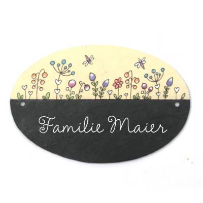 Ovales Schieferschild für Familien, Türschild aus Schiefer personalisiert mit Namen, Familienschild Haustür.