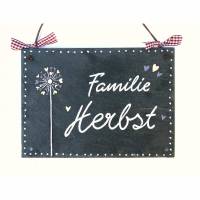 Türschild, Namensschild, Haustürschild aus Schiefer für Familien mit Name personalisiert und Pusteblume Herz Bild 1