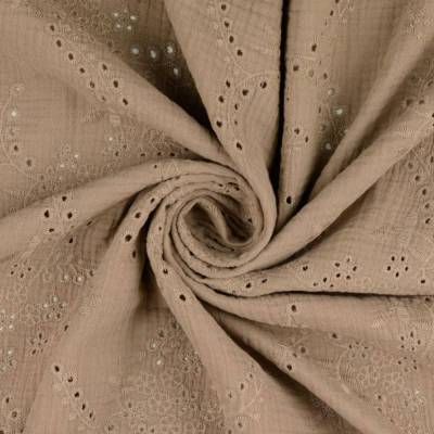 Musselin Double Gauze Lochstickerei, Stickerei Blumen sand  Oeko-Tex Standard 100 (1m/12,00 €)