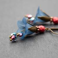 Ohrringe, Blüten, blau und rot, Bild 2