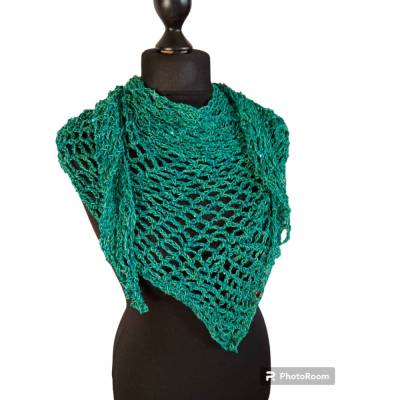 Dreiecktuch, Strandtuch, Halstuch " Fischernetz Grün", gehäkelt, mit Pailletten