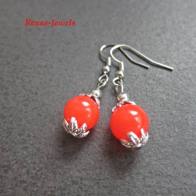 Jade Ohrhänger rot silberfarben – Handgefertigte Edelstein Ohrringe mit Perlen & Perlkappen