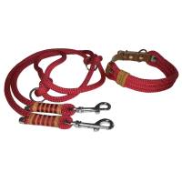 Leine Halsband Set, Tau 10 mm, verstellbar, rot, cognac, weinrot, mit Leder und Schnalle Bild 1