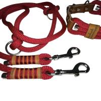 Leine Halsband Set, Tau 10 mm, verstellbar, rot, cognac, weinrot, mit Leder und Schnalle Bild 2
