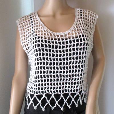 Kurzes Netz-Top mit Perlenkante und Glitzer, Crop Top, Häkeltop, Top, Shirt