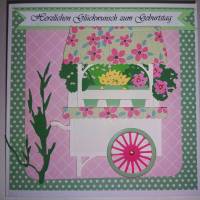 Feine Geburtstagskarte Blumenwagen pastell rosa hellgrün Handmade Bild 1