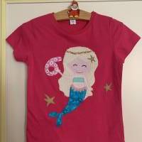 Geburtstagsshirt Namensshirt T-Shirt Mädchen benäht Applikation Meerjungfrau Wimpelkette personalisierbar Name ab Gr.92 Bild 1