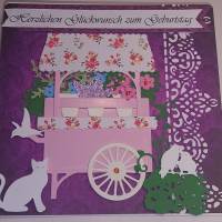 Geburtstagskarte üppiger lila rosa Blumenwagen Katzen Vögel  Handmade Bild 1