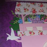 Geburtstagskarte üppiger lila rosa Blumenwagen Katzen Vögel  Handmade Bild 2