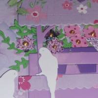Geburtstagskarte Blumen -Wagen lila weiß Katzen Papagei Handmade Bild 2
