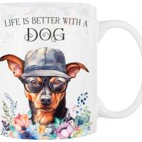 Hunde-Tasse LIFE IS BETTER WITH A DOG mit Zwergpinscher Bild 1