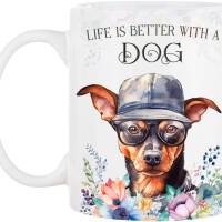 Hunde-Tasse LIFE IS BETTER WITH A DOG mit Zwergpinscher Bild 2